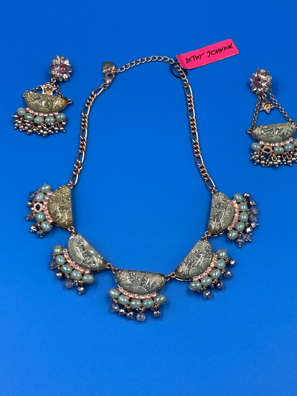 Betsey Johnson Statement Necklace Earrings Set Rhinestone Crystal Dangle Bib